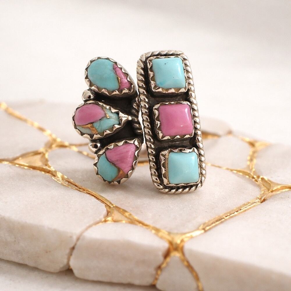 Cotton Candy Sterling Silver Bypass Boho Ring Size 8 Adjustable